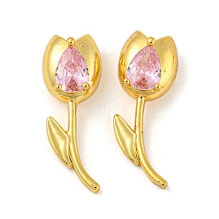 Pink Real 18K Gold Plated Rack Plating Brass Micro Pave Cubic Zirconia Pendants, Long-Lasting Plated, Lead Free & Cadmium Free, Flower, Pink, 24x8.5x8mm, Hole: 4mm