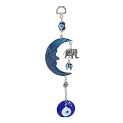 Blue Evil Eye Moon Elephant Disk Amulet Lucky Charm, Wall Hanging Glass Pendant Blessing Protection Decor, Blue, 230mm