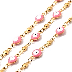 Hot Pink Enamel Flat Round with Evil Eye Link Chains, with Gold Plated 304 Stainless Steel Findings, Unwelded, with Spool, Hot Pink, 11x6x3mm, 8x3x2mm