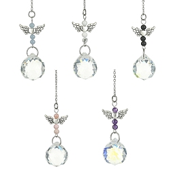 Miriam Stone Glass Round Pendant Decorations, with Angel Gemstone & Alloy Link, for Home Decorations, 167mm