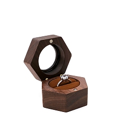 Chocolate Hexagon Walnut Wood Magnetic Wedding Ring Gift Case, Clear Window Jewelry Box with Velvet Inside, for Rings, Chocolate, 5.6x5x3.8cm
