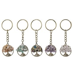 Mixed Stone Natural Mixed Gemstone Keychains, with Iron Split Key Rings and Alloy Findings, Flat Round with Tree of Life, 7.9cm