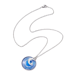 Moon Steel Blue Glass Flat Round & Alloy Pendant Necklace, with 304 Stainless Steel Chains, Moon, 18.35 inch(46.6cm)