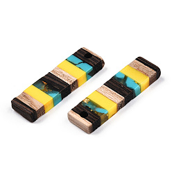 Yellow Translucent Resin & Walnut Wood Pendants, with Gold Foil, Rectangle Charm, Yellow, 29.5x8.5x3.5mm, Hole: 2mm