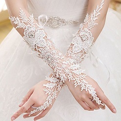 White Flower Parttern Lace Gloves, with Glass Findings, for Wedding Bride Supplies, White, 200mm