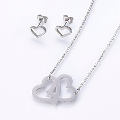 Stainless Steel Color 201 Stainless Steel Jewelry Sets, Stud Earrings and Pendant Necklaces, Heart, Stainless Steel Color, Necklace: 18.9 inch(48cm), Stud Earrings: 8x10x1.2mm, Pin: 0.8mm