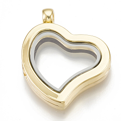 Golden Alloy Magnetic Locket Pendants, with Glass, Heart, Golden, 33x29x6.5mm, Hole: 3mm, Inner Measure: 16x20mm