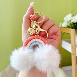 White Cotton Rainbow Keychain with Artificial Fur Ball, Pom Pom Bell Key Chain, White, 11.3cm, Pendant: 54x83mm