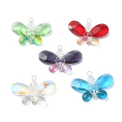 Mixed Color 5Pcs 5 Color Glass Pendants, with Copper Wire Copper Wire Wrap Findings, Butterfly Charms, Mixed Color, 21~21.5x29~30x6mm, Hole: 2mm, 1Pc/clor