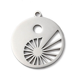 Stainless Steel Color 201 Stainless Steel Pendants, Laser Cut, Flat Round with Fibonacci Spiral Charm, Stainless Steel Color, 28x25x1.2mm, Hole: 2mm