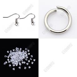 Platinum 60Pcs Brass Earring Hooks, with 60Pcs 304 Stainless Steel Open Jump Rings & 60Pcs Plastic Ear Nuts, Platinum, 4~19x4~18x0.6~4mm, Hole: 1~2mm