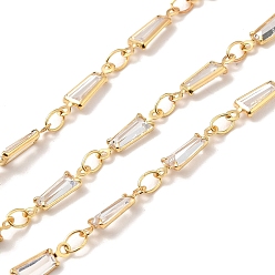 Clear Handmade Brass Link Chain, with Glass Beads, Soldered, with Spool, Clear, 3.5x2.5x0.2mm and 11.5x3.5x1.5mm, about 16.40 Feet(5m)/Roll