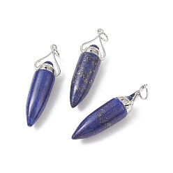 Lapis Lazuli Natural Lapis Lazuli Pointed Big Pendants, with Jump Ring, Bullet Charms with Platinum Plated Brass Findings, 51~52x11.7~12.3mm, Hole: 6mm