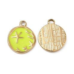 Green Yellow Vacuum Plating 201 Stainless Steel Enamel Pendants, Real 18K Gold Plated, Flat Round with Starfish Charm, Green Yellow, 19x15x2mm, Hole: 2.6mm
