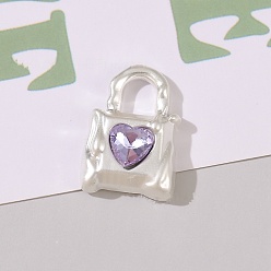 Violet Alloy Rhinestone Charms, Matte Silver Color, Lock, Violet, 19x13mm