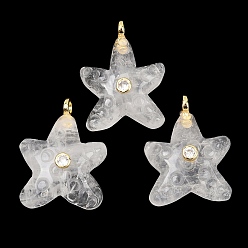 Cristal de cuarzo Colgantes de cristal de cuarzo naturales, Colgantes de estrella de mar con detalles de latón y circonitas cúbicas transparentes microengaste., 27~28.5x21~21.5x8.5~9 mm, agujero: 3 mm