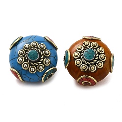 Mixed Color Handmade Tibetan Style Beads, with Synthetic Turquoise & Imitation Beeswax & Brass Findings, Flat Round, Mixed Color, 23~24x24~24.5x18~20mm, Hole: 2mm