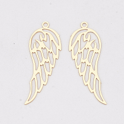 Light Gold Brass Pendants, Etched Metal Embellishments, Long-Lasting Plated, Wing, Light Gold, 31.5x11x0.3mm, Hole: 1.2mm