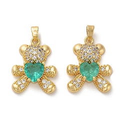 Turquoise Brass Micro Pave Cubic Zirconia Pendants, Glass Bear Charms, Real 18K Gold Plated, Turquoise, 21x16x5mm, Hole: 5x3mm