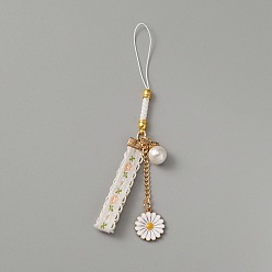 Blanc Alliage émail mobile sangles perle fleur longe poignet, pour femmes fille accessoires mobiles, blanc, 14.2 cm, fleur: 21x18.5x2.5 mm, perle: 16.5x11 mm