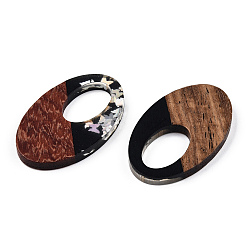 Silver Opaque Resin & Walnut Wood Pendants, Oval Charms with Butterfly Paillettes, Silver, 35.5x22x3.5mm, Hole: 16x10mm