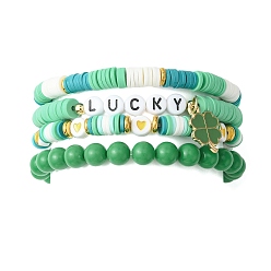 Green 4Pcs 4 Style Word Lucky Acrylic & Brass & Polymer Clay Disc Beaded Stretch Bracelets Set, Clover Alloy Enamel Charm Stackable Bracelets for Saint Patrick's Day, Green, Inner Diameter: 2-1/4~2-1/2 inch(5.8~6.5cm), 1Pc/style