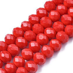 Red Opaque Solid Color Glass Beads Strands, Faceted, Rondelle, Red, 4x3mm, Hole: 0.4mm, about 123~127pcs/strand, 16.5~16.9 inch(42~43cm)