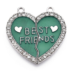 чирок Подвеска из сплава эмали, со стразами, без кадмия, без никеля и без свинца, платина, разбитое сердце со словом лучший друг, зелено-синие, 31.5x30.5x2 мм, отверстие : 2 мм.