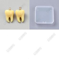 Yellow 20Pcs Opaque Resin Pendants, Tooth, with Golden Finding, Yellow, 16x10x9mm, Hole: 1.5mm