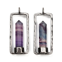 Fluorite Natural Fluorite Pendants, Faceted Pointed Bullet Charms with Brass Rectangle Frame, Antique Silver, 42.5x17x6mm, Hole: 3.6mm