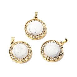 Howlite Natural Howlite Pendants, with Golden Tone 304 Stainless Steel and Crystal Rhinestone Findings, Half Round Charm, 24.5x21x8mm, Hole: 3.5x6mm