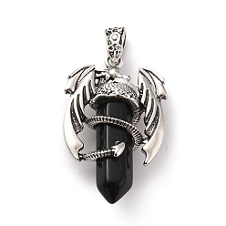 Obsidian Natural Obsidian Pointed Pendants, Faceted Bullet Charms, with Rack Plating Platinum Tone Alloy Dragon Findings, Cadmium Free & Lead Free, 39~41x24~25x13~14mm, Hole: 4x8mm