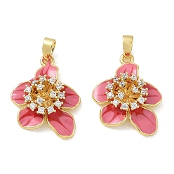Rouge Pendentifs en laiton zircon cubique transparent, avec l'émail, charmes de fleurs, réel 18 k plaqué or, rouge, 22x17x6mm, Trou: 5x3mm