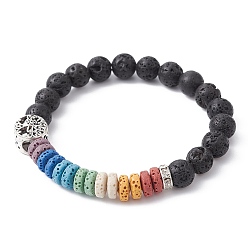 Colorful Dyed Natural Lava Rock Beaded Stretch Bracelets for Women, Yoga Chakra Jewelry, with Alloy Tree of Life Beaded, Colorful, Inner Diameter: 2-1/4 inch(5.7cm)