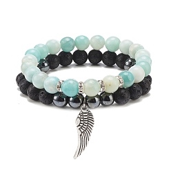 Mixed Stone 2Pcs 2 Style Natural Amazonite & Lava Rock & Synthetic Hematite Stretch Bracelets Set with Alloy Wing Charm, Essential Oil Gemstone Jewelry for Women, Inner Diameter: 2-1/8 inch(5.3~5.5cm), 1Pc/style