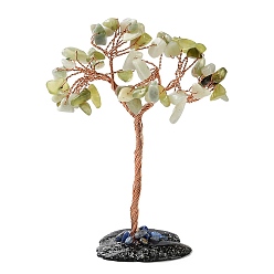 Jade Natural Jade Chips Tree Display Decorations, with Brass Wire Wrapped Feng Shui Ornament for Fortune, 112~125x68~85x34~47mm