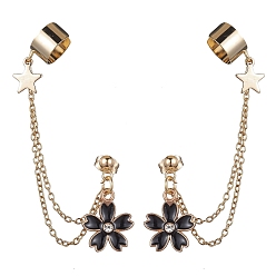 Black Light Gold 304 Stainless Steel Cuff Earring Chains with Rhinestone, Star & Flower Alloy Enamel Dangle Stud Earrings Crawler Earrings, Black, 78mm