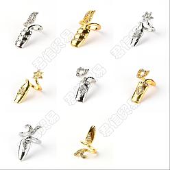 Mixed Color PandaHall Elite 8 Pcs 4 Style Alloy with Rhinestone Fingernail Ring Finger Tip, Adjustable Opening Nail Art Charms Accessories for Women Girls, Mixed Color, 34x9x2mm, 1pc/color, 2 colors/style
