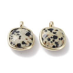 Dalmatian Jasper Natural Dalmatian Jasper Pendants, Faceted Square Charms, with Golden Plated Brass Edge Loops, 16.5x13x6mm, Hole: 2.2mm