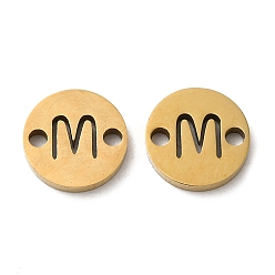 Letter M Ion Plating(IP) 304 Stainless Steel Connector Charms, Flat Round with Letter, Golden, Letter M, 9x1~1.5mm, Hole: 1~1.4mm