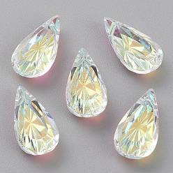 Crystal AB Embossed Glass Rhinestone Pendants, Teardrop, Faceted, Crystal AB, 20x10x5.5mm, Hole: 1.5mm