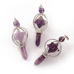 Amethyst Natural Amethyst Big Pointed Pendants, with Platinum Plated Brass Findings, Bullet & Merkaba Star, 63~66x29~30mm, Hole: 8x5mm