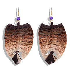 Brown-black gradient color Boho Tassel Earrings with Handmade Knitted Thread and Alloy Accents