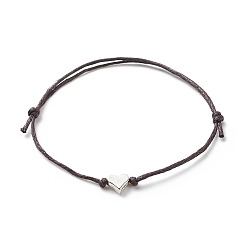 Coconut Brown Alloy Heart Beaded Cord Bracelet, Waxed Cotton Braided Adjustable Ring for Women, Coconut Brown, Inner Diameter: 1-5/8~3 inch(4~7.6cm)