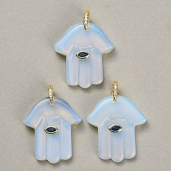 Opalite Synthetic Opalite Carved Pendants, Religion Hamsa Hand Charms, with Brass Pave Cubic Zirconia Findings, Golden, 36.5~39x33~35x8~9mm, Hole: 6.5x8mm