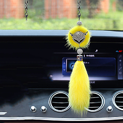 Yellow Faux Fox Fur & Rhinestone Fox Pendant Decoration, for Car Rear View Mirror Hanging Decoration, Yellow, 370mm
