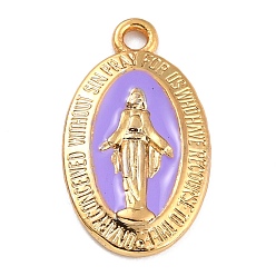 Lavender Golden Alloy Enamel Pendants, Long-Lasting Plated, Our Lady of the Miraculous Medal, Oval, Lilac, 21x12x1.5mm, Hole: 1.7mm