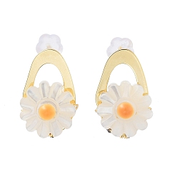 Real 14K Gold Plated Flower Natural Shell Ear Studs with Brass and 925 Sterling Silver Pins for Summer Jewelry, Real 14K Gold Plated, 15.5x10mm