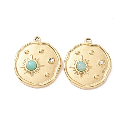 Amazonite Natural Amazonite Pendants, with Ion Plating(IP) Real 18K Gold Plated 304 Stainless Steel Micro Pave Cubic Zirconia Findings, Flat Round Charm, 17x15x3.5mm, Hole: 1mm