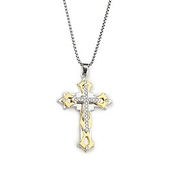 Golden & Stainless Steel Color 201 Stainless Steel Necklaces, Alloy Rhinestone Pendants Necklaces, Cross, Golden & Stainless Steel Color, 23.31 inch(59.2cm)